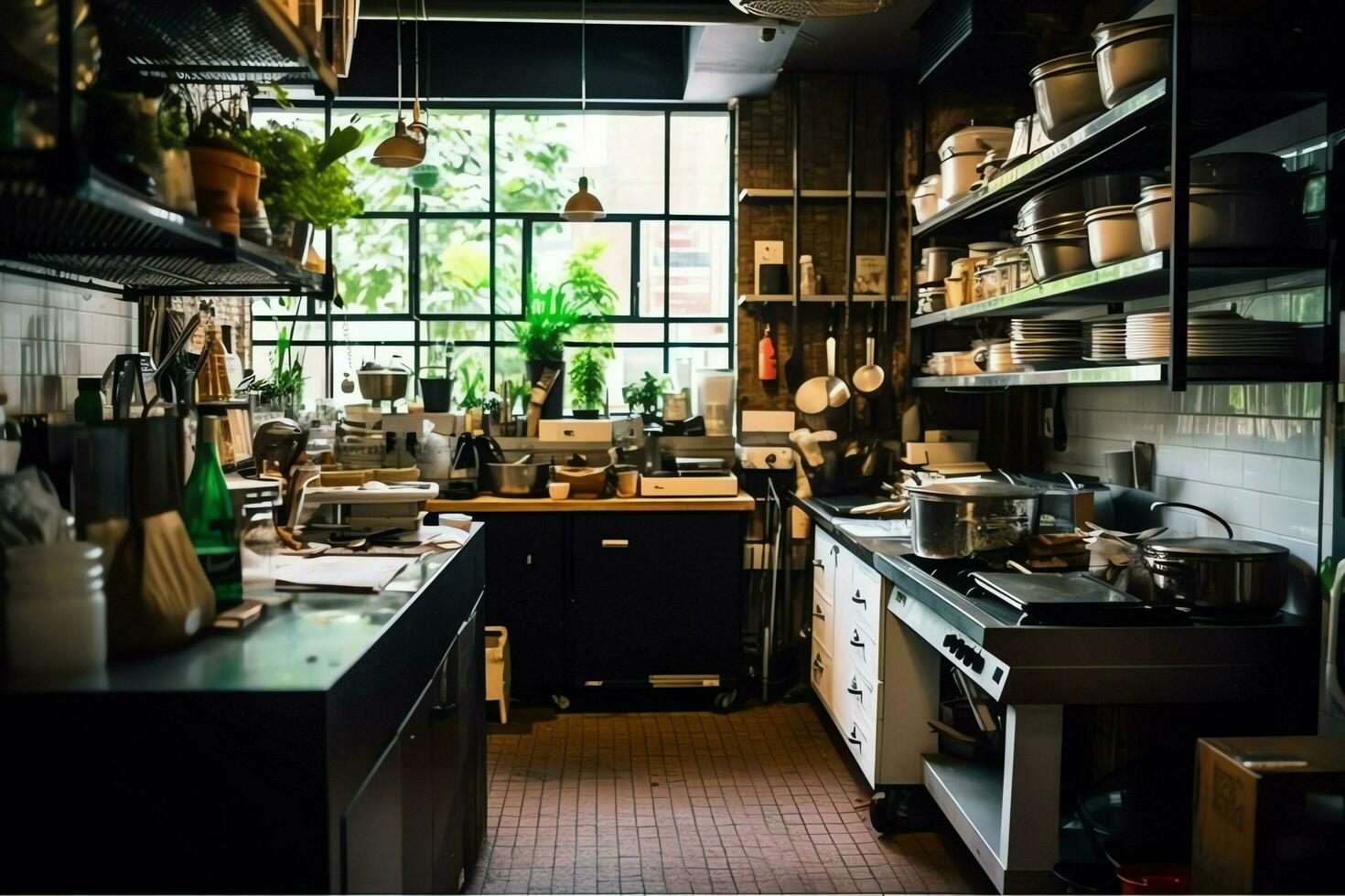 binnen schoon keuken van een modern restaurant of mini cafe met Koken gereedschap en klein bar teller concept door ai gegenereerd foto