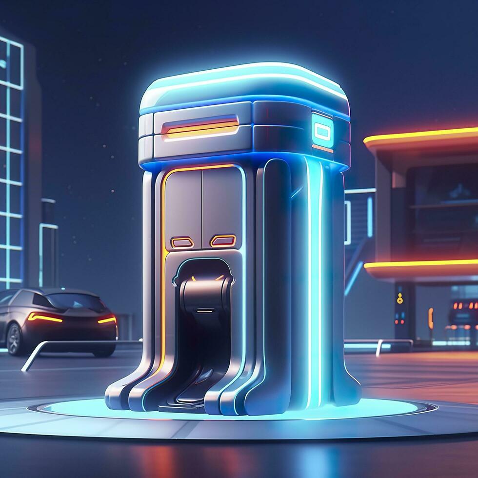 futuristische illustratie van cilindrisch auto accu, elektrisch accu station Bij een gas- station. ai generatief foto