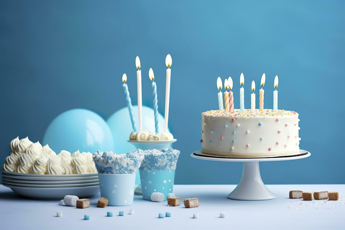 verjaardag taart met kaarsen en snoepgoed Aan wit tafel in de buurt blauw muur. generatief ai foto