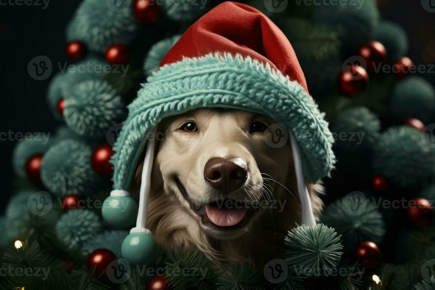 hond en kat van een katje in een Kerstmis de kerstman hoed, detailopname. generatief ai foto