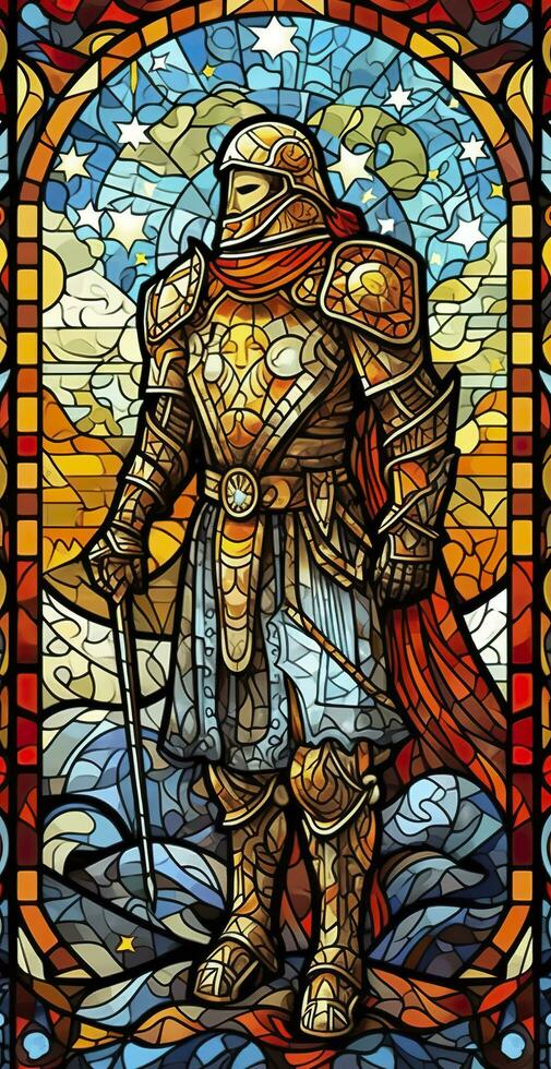 een ridder in schijnend schild. een illustratie van een mythisch oude paladin in gebrandschilderd glas Renaissance fresco stijl. ai generatief foto