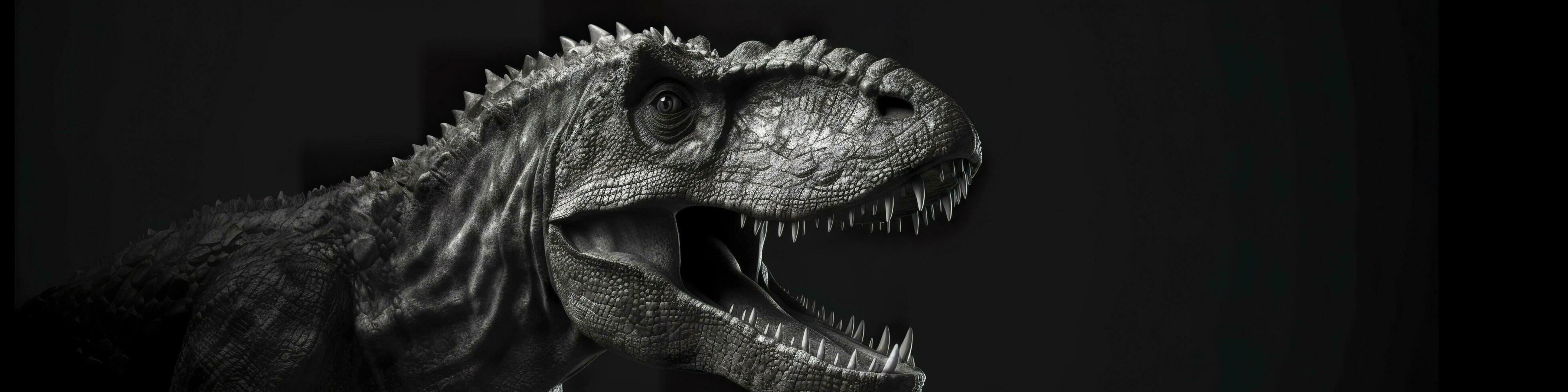 zwart en wit fotorealistisch studio portret van een tyrannosaurus rex Aan zwart achtergrond. generatief ai foto