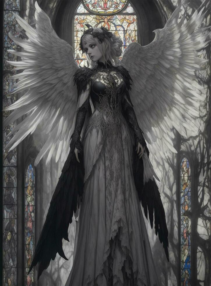 een engel in een zwart jurk staand in voorkant van een gebrandschilderd glas venster foto