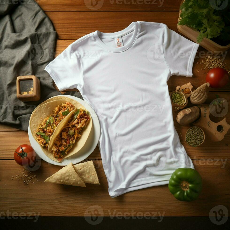 ai gegenereerd blanco wit t - overhemd aan het liegen in een slapen positie Aan een tafel, omhoog visie met meerdere taco's voedsel foto