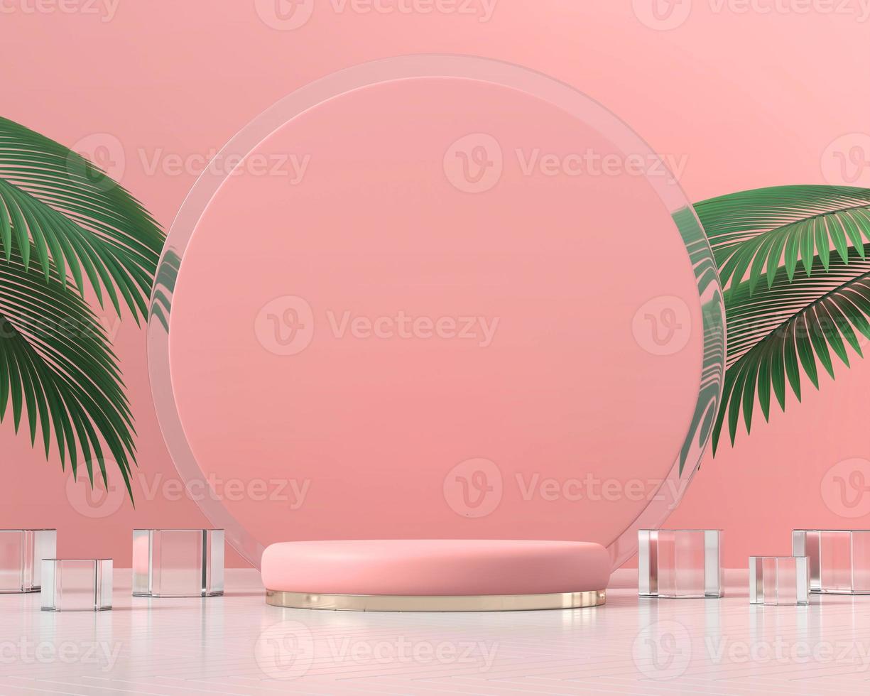 roze platformpodium voor productweergave met palmbladeren 3d render foto