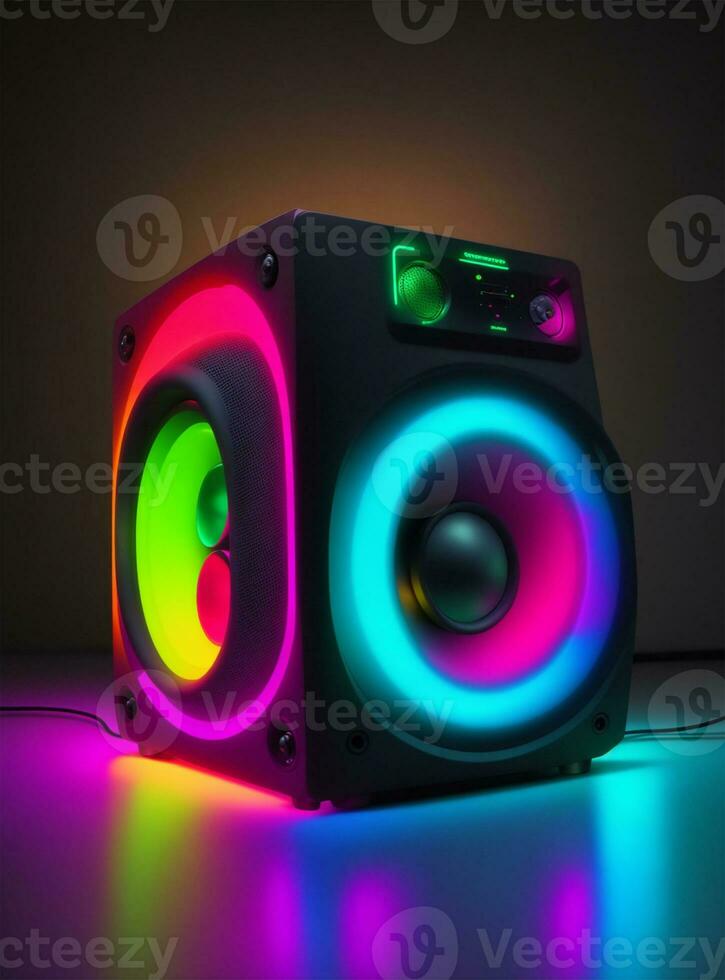 audio spreker in neon licht Aan een donker achtergrond. 3d renderen foto