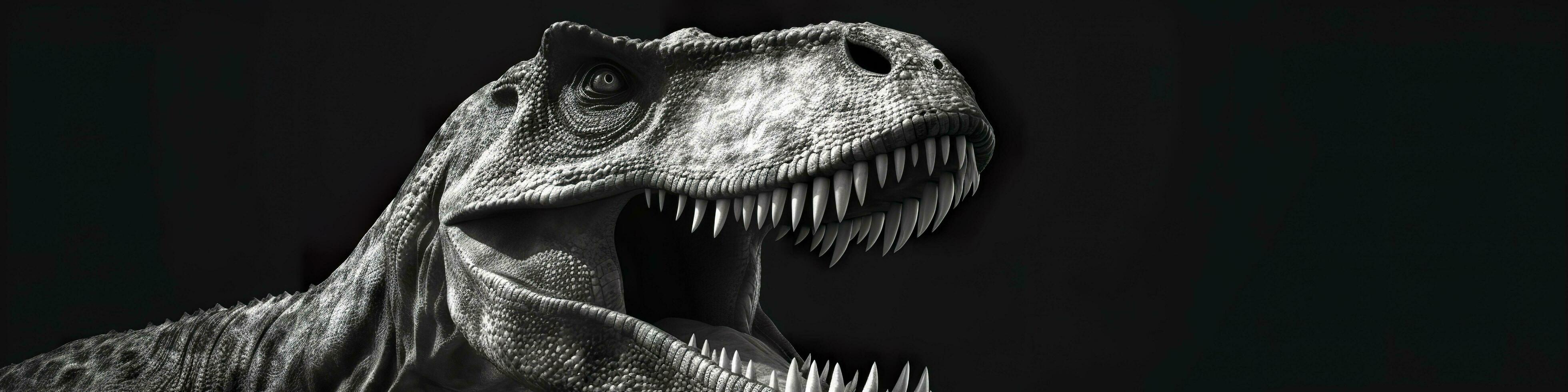 zwart en wit fotorealistisch studio portret van een tyrannosaurus rex Aan zwart achtergrond. generatief ai foto