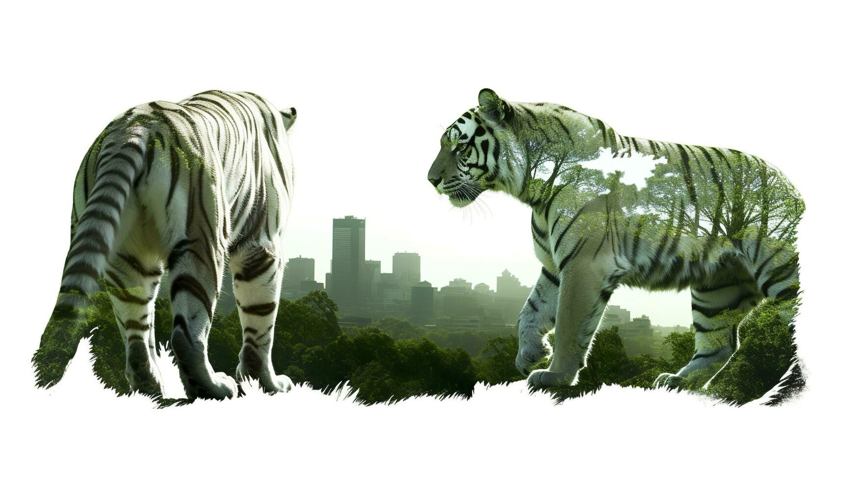 dubbele bloot silhouet van een tijger staan, in de stijl van foto collage, ecologisch, architectuur, ai generatief