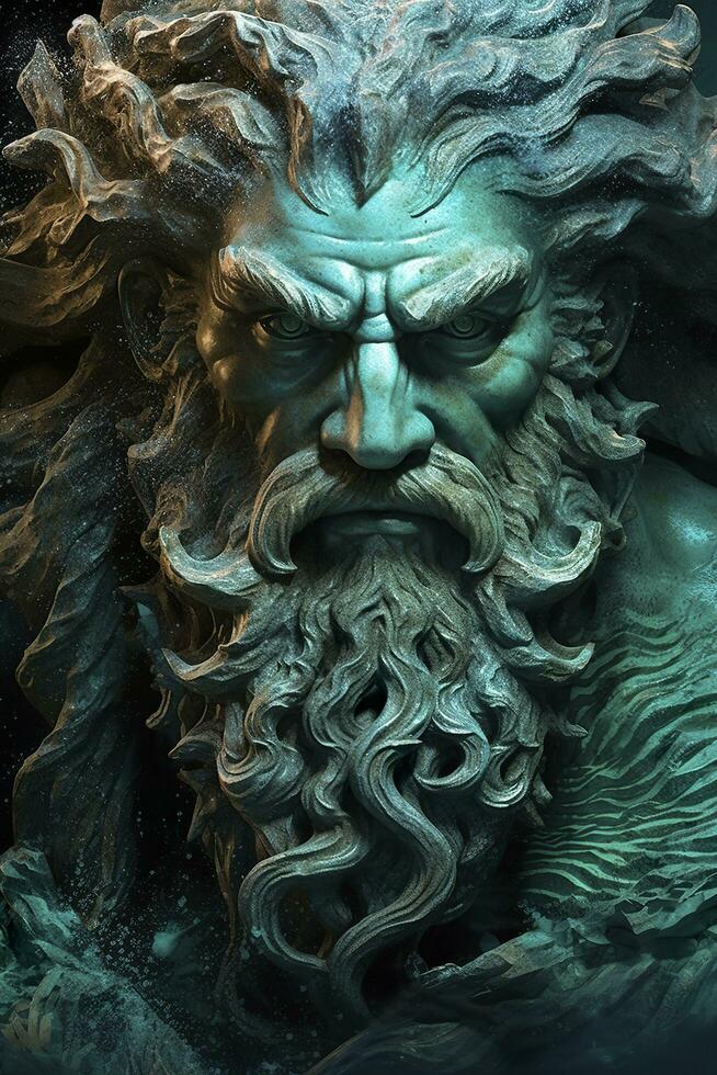 de goden van de zee Zeus god necronomicon goden van de zee god, futuristisch, sci-fi elementen, donker bronzen en licht azuur, dichtbij omhoog, ai generatief foto