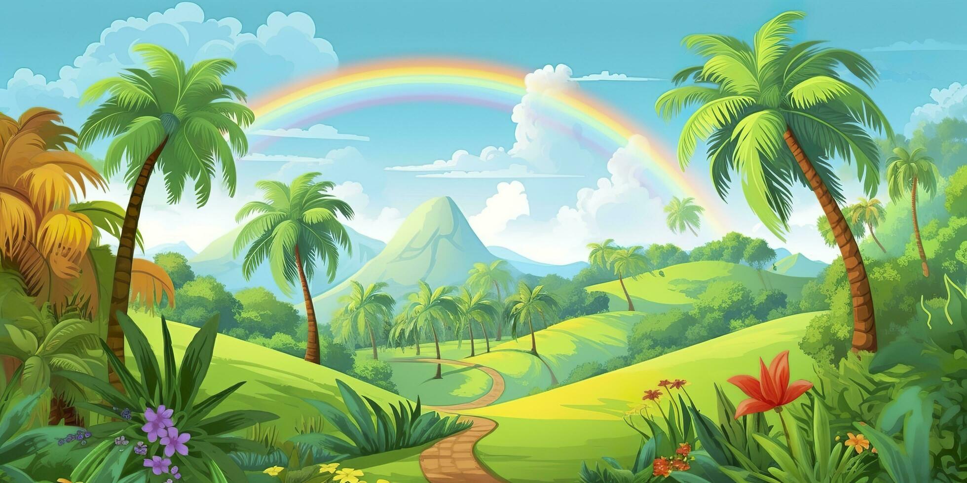 een tekenfilm kinderen bladzijde met een regenboog en palm bomen. een pret en leerzaam avontuur. ai generatief foto