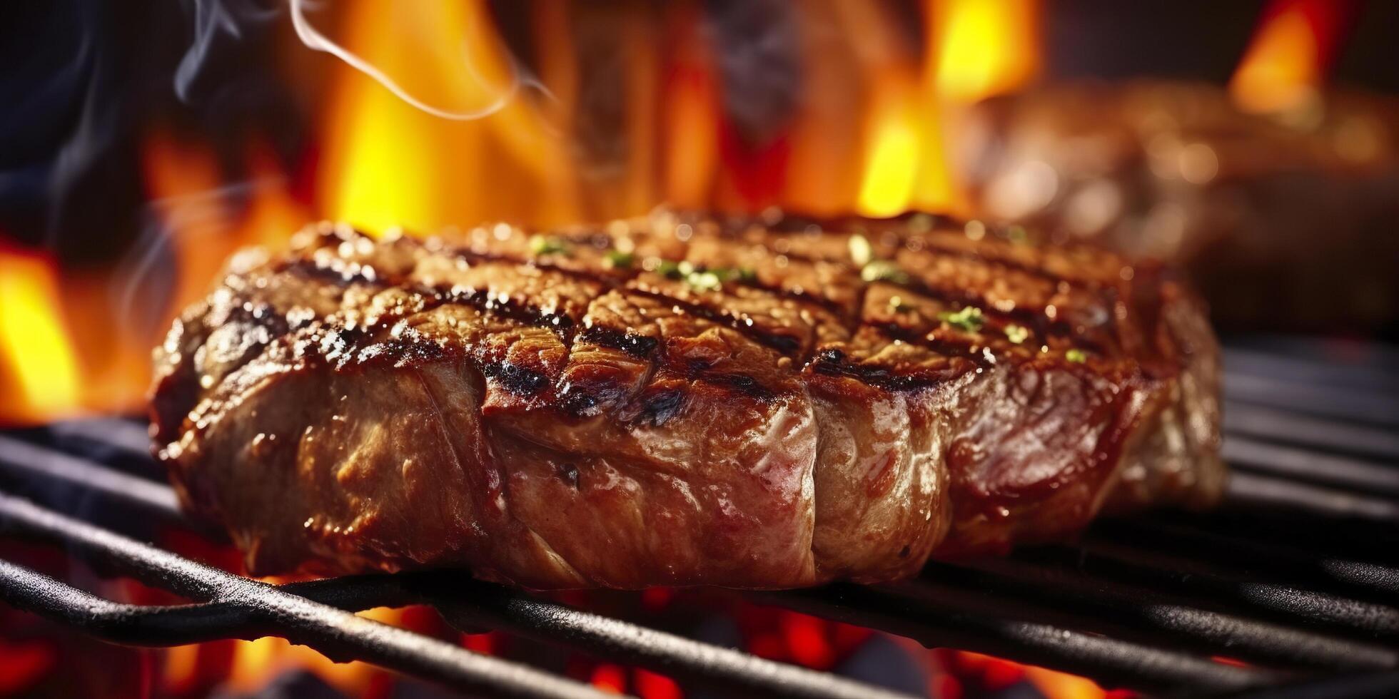 rundvlees biefstuk steak grillen Aan een vlammend grillen. generatief ai foto