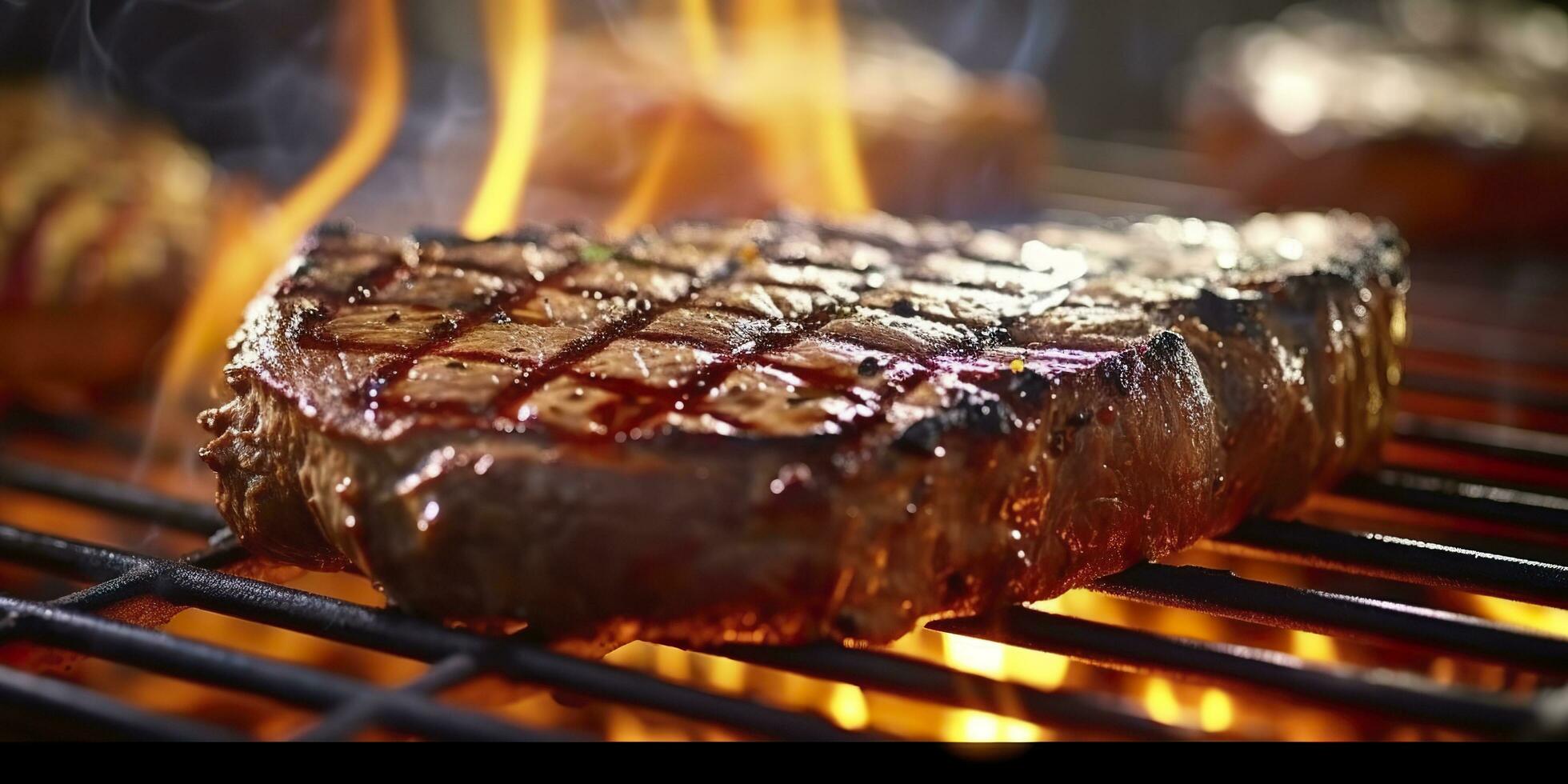 rundvlees biefstuk steak grillen Aan een vlammend grillen. generatief ai foto