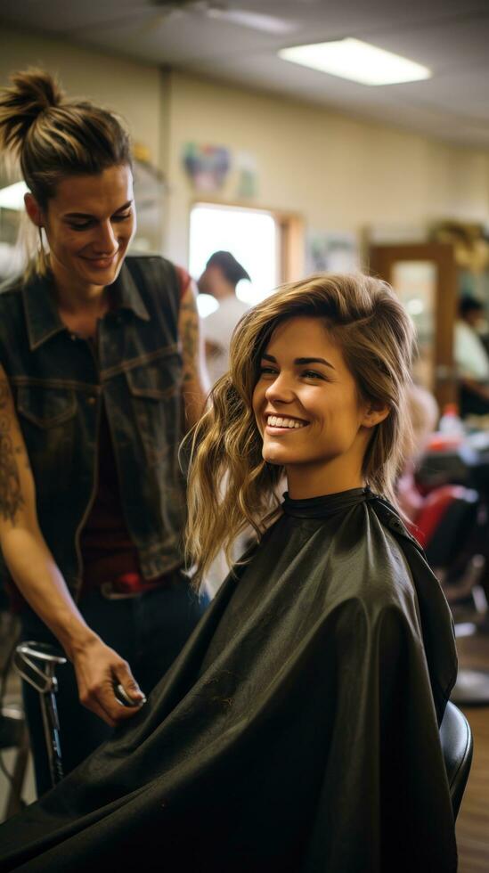 een vrouw krijgen een kapsel in een salon foto