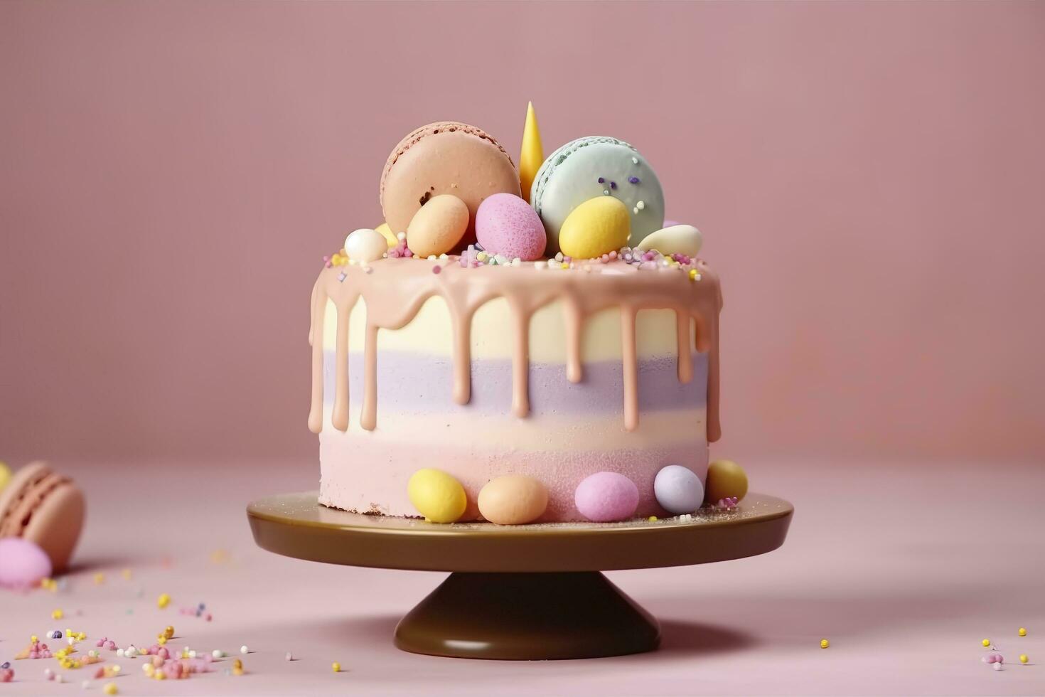 kleurrijk verjaardag taart Aan pastel achtergrond. zoet en heerlijk gelukkig verjaardag taart, kopiëren ruimte. viering concept. ai generatief foto