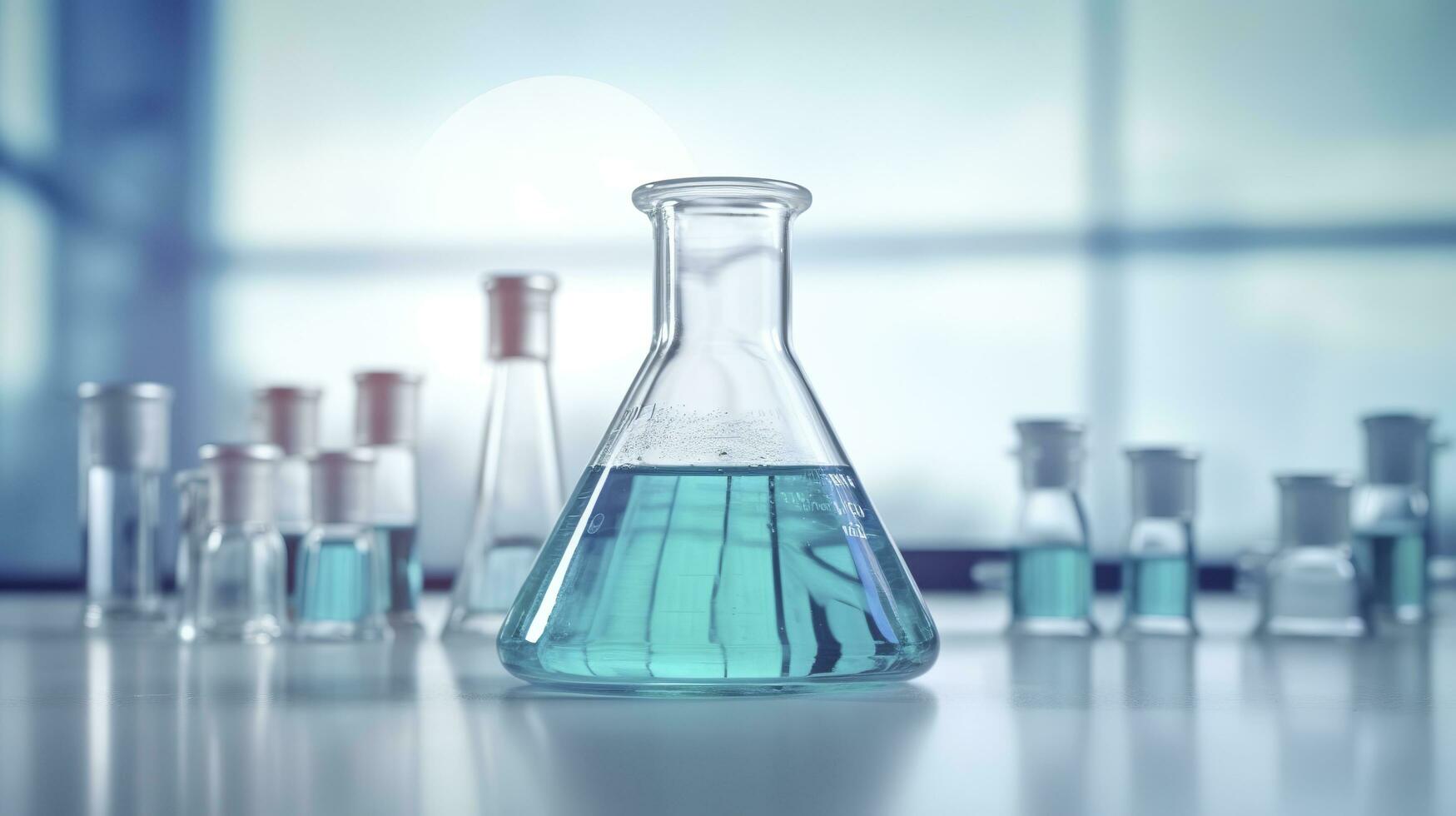 een wetenschap beker in de laboratorium Aan een tafel wit en licht blauw achtergrond. laboratorium uitrusting uit van focus. ai generatief foto