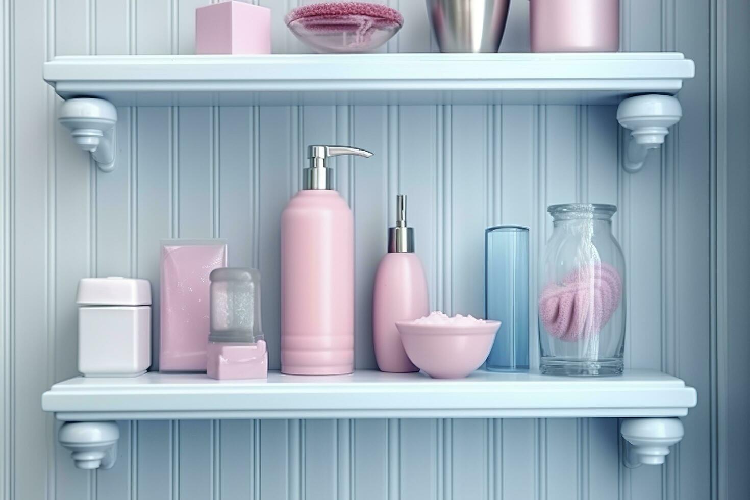 een pastel badkamer plank met roze huidsverzorging producten, kopiëren ruimte, banier, roze en pastel blauw helder palet, barbiecore. ai generatief foto