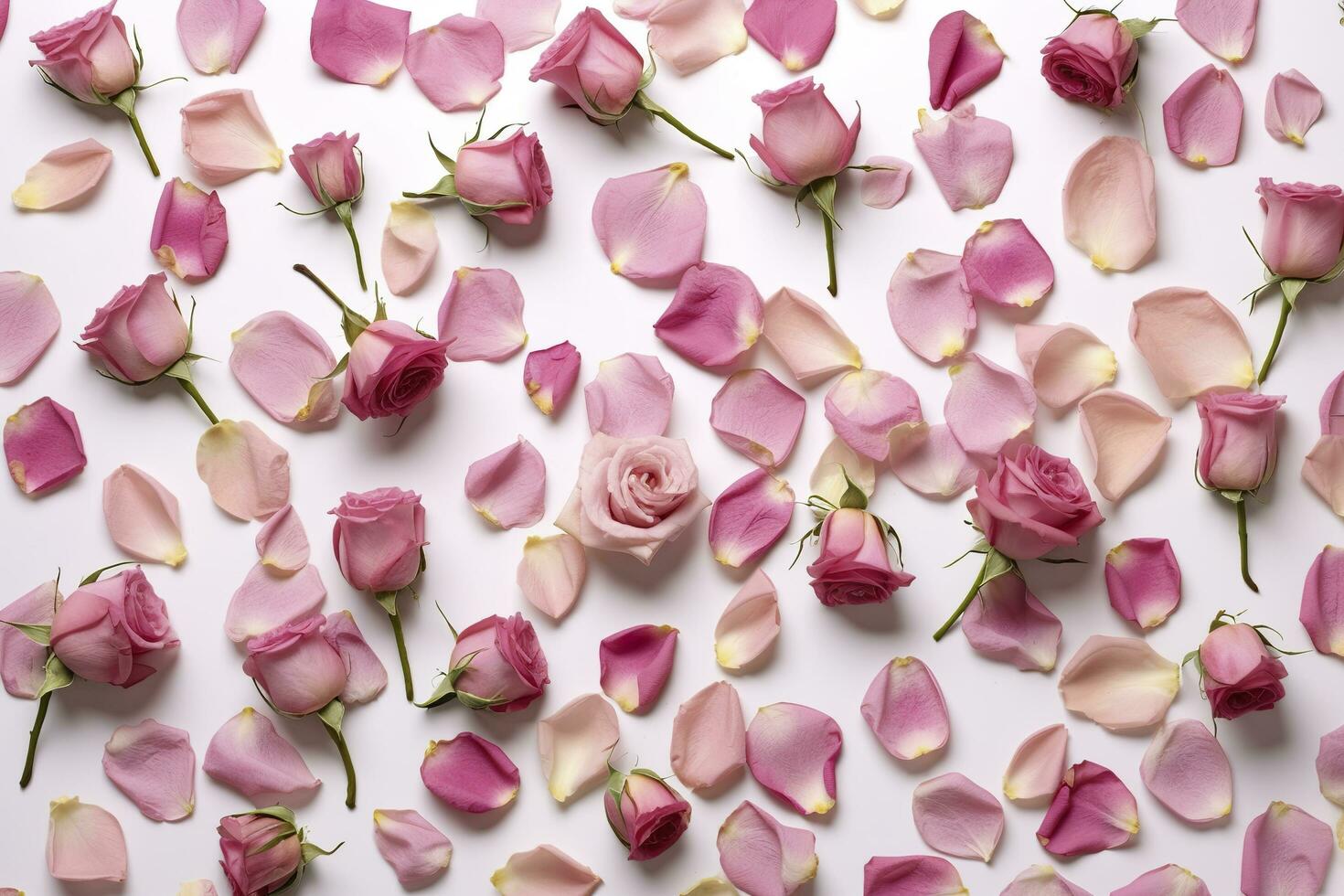 dichtbij omhoog van bloeiend roze rozen bloemen en bloemblaadjes geïsoleerd Aan wit tafel achtergrond. bloemen kader samenstelling. decoratief web spandoek. leeg ruimte, vlak leggen, top visie. ai generatief foto