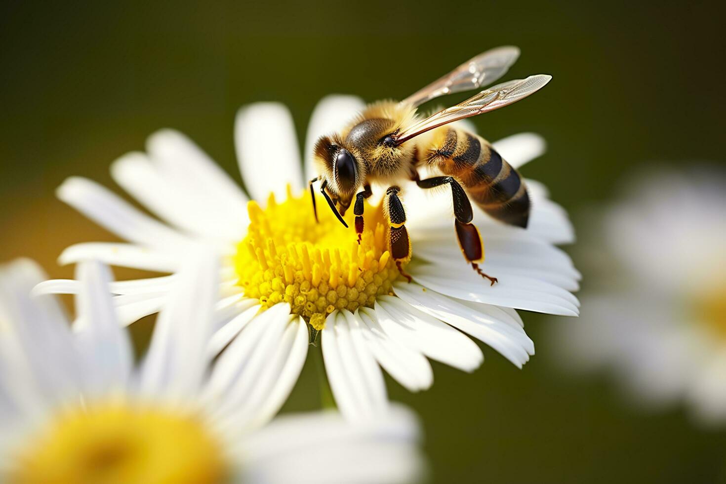 bij en bloem. dichtbij omhoog van een bij verzamelen honing Aan een madeliefje bloem Aan een zonnig dag. generatief ai foto