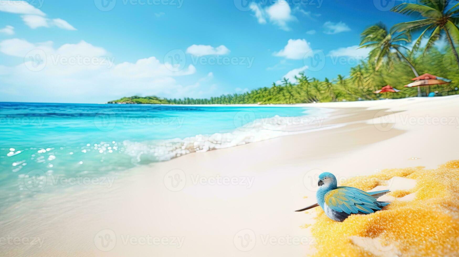 blauw vogel zittend Aan een kiezelsteen strand met palm bomen en turkoois zee kopiëren ruimte ai generatief foto