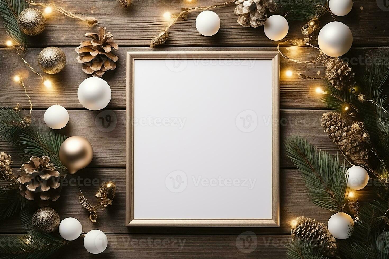 Kerstmis achtergrond met blanco papier en decoraties Aan een houten tafel. foto