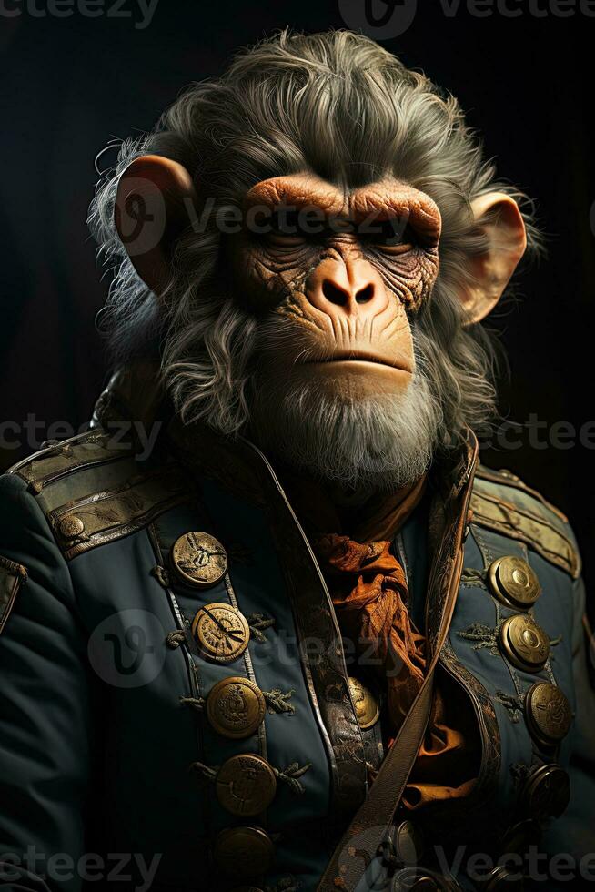 portret van een aap in een leer jasje en vliegenier hoed. ai generatief foto
