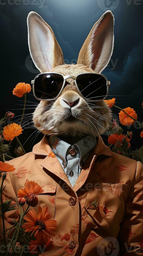 Pasen konijn met boog stropdas en zonnebril Aan abstract kleurrijk achtergrond. ai generatief foto