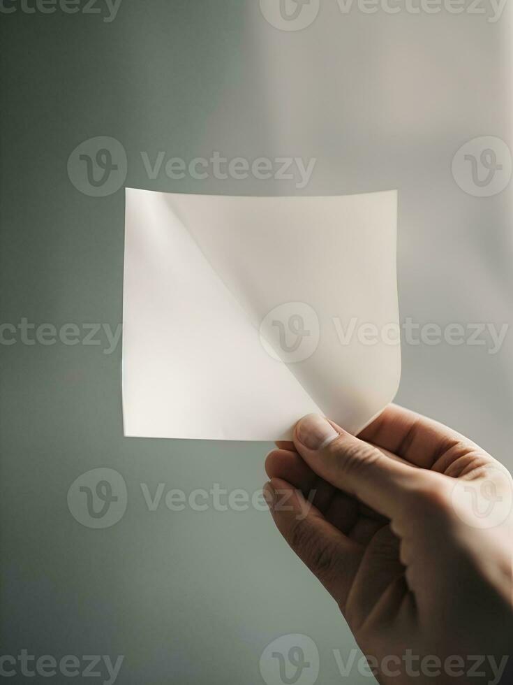 een hand- Holding een stuk van duidelijk wit papier met een wazig achtergrond, ai gegenereerd. foto