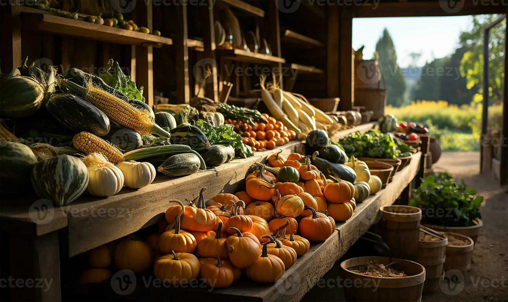 bruisend vallen boeren markt boordevol met een kleurrijk rangschikking van pompoenen en vers herfst- groenten. ai gegenereerd foto