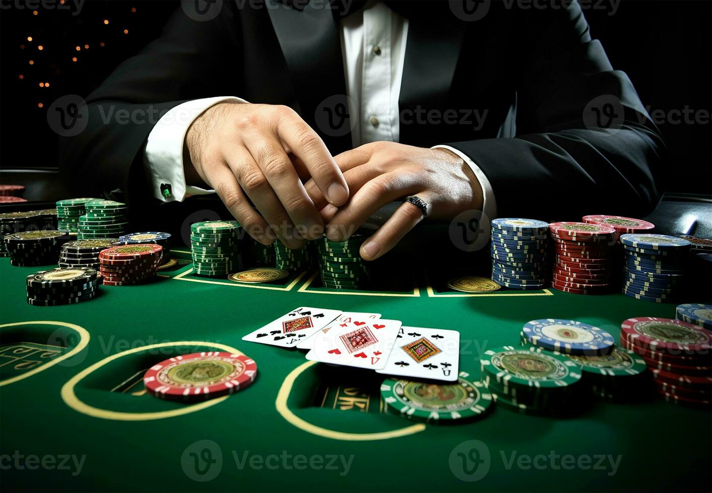 een poker speler met spelen kaarten en chips Bij een groen casino tafel. ai gegenereerd foto