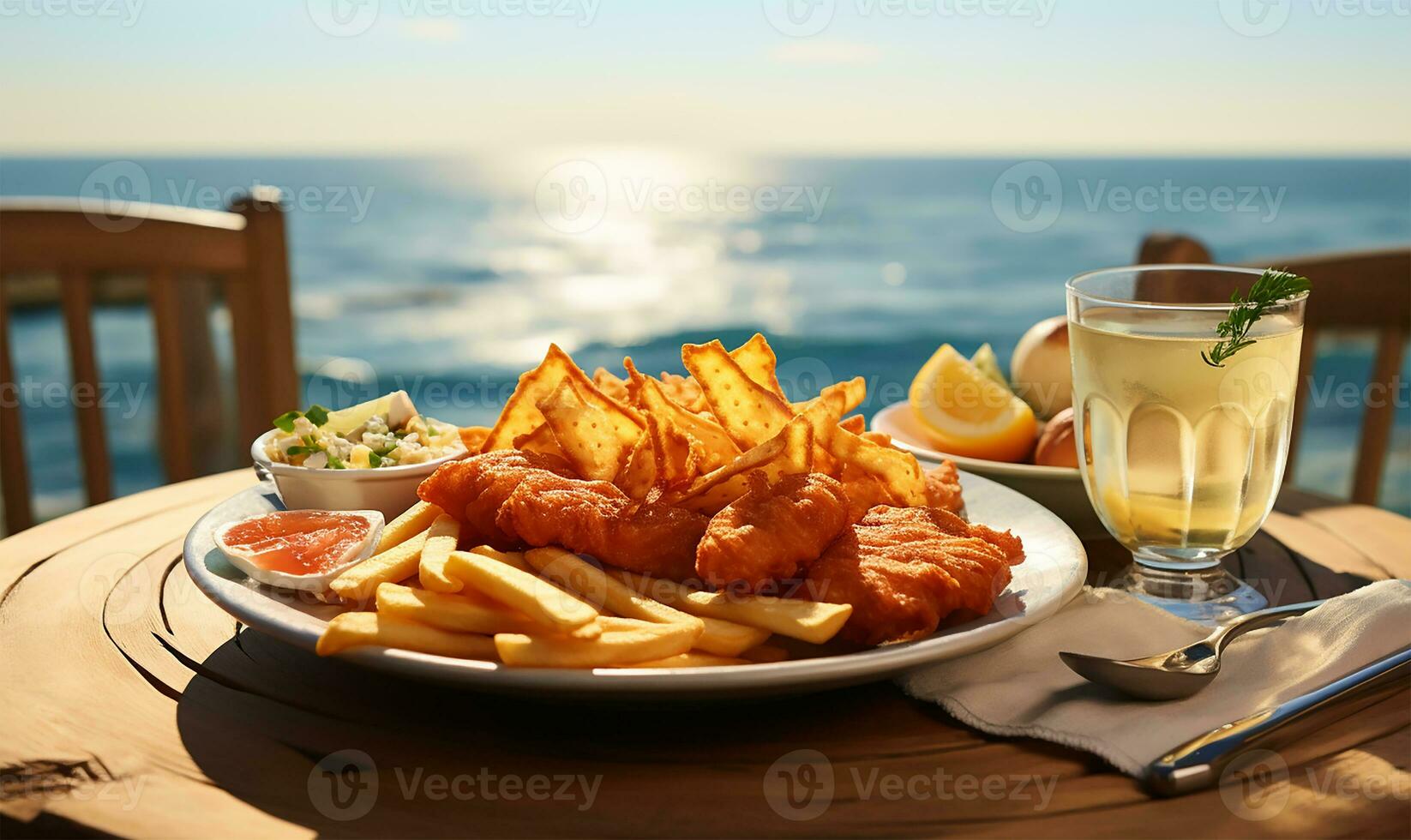 een bord van krokant vis en chips. ai gegenereerd foto
