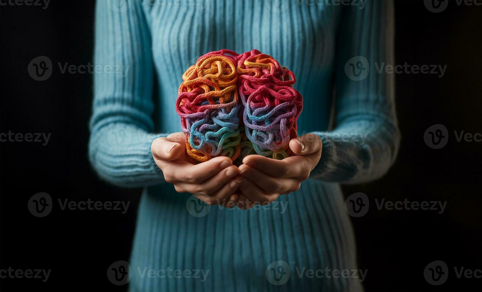 vrouw handen Holding veelkleurig garen vormig Leuk vinden een brein, vastleggen de essence van mentaal Gezondheid bescherming. ai gegenereerd foto