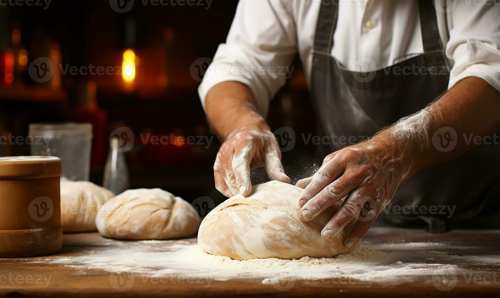 detailopname scherpstellen Aan een bakker handen net zo ze vakkundig kneden de deeg. ai gegenereerd foto