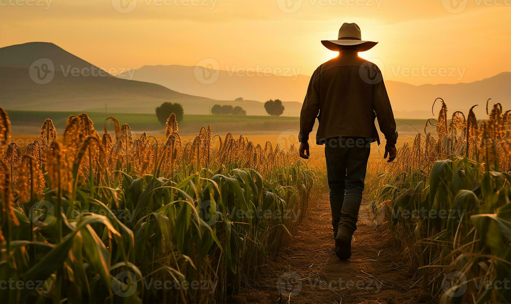 een boer stappen vol vertrouwen door een maïs veld, de vroeg dageraad licht gieten een teder gloed over- de hoog stengels. ai gegenereerd foto