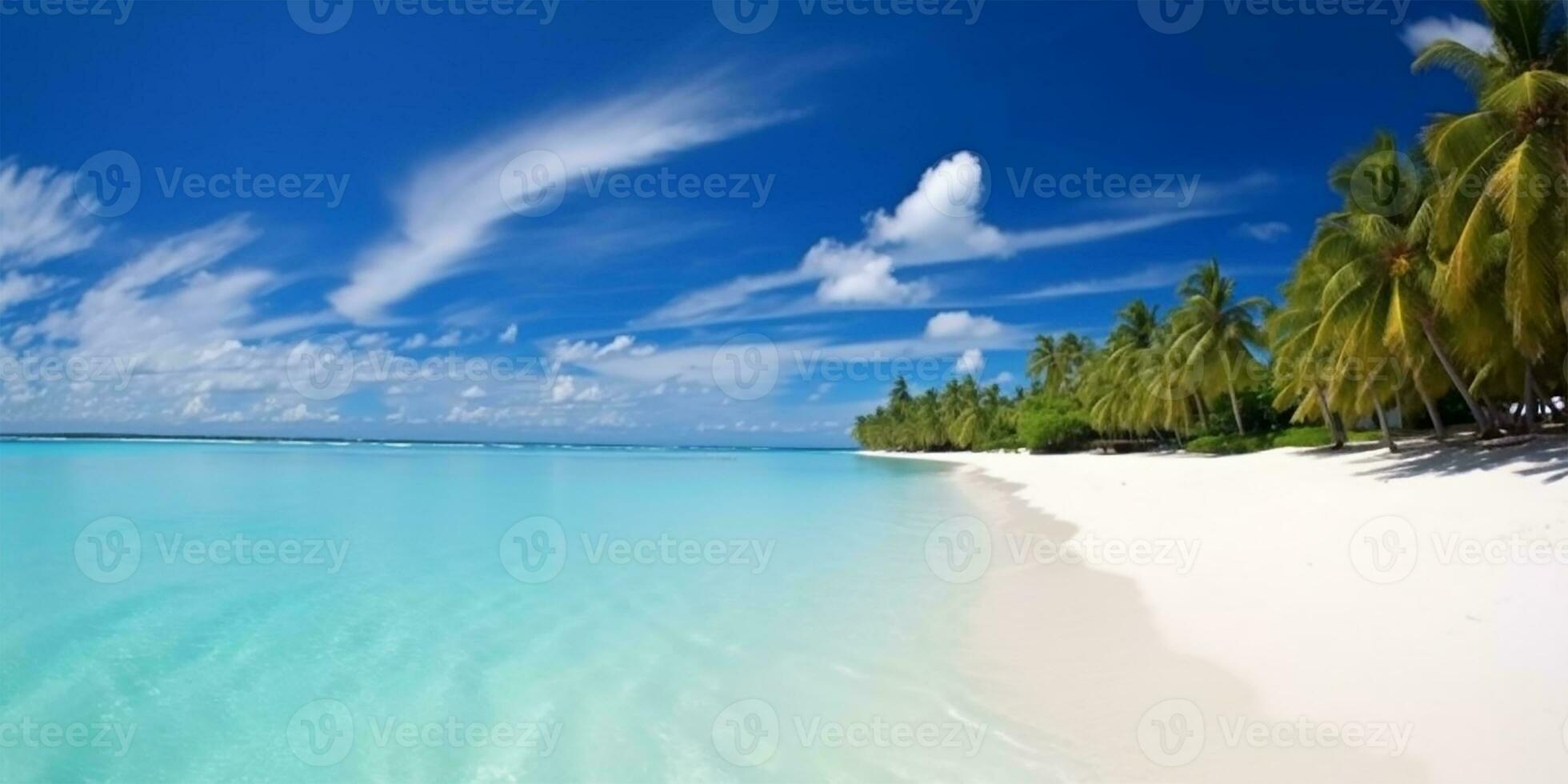 ongerept zanderig strand met prima wit zand vergadering de teder rollen van turkoois oceaan golven. ai gegenereerd foto