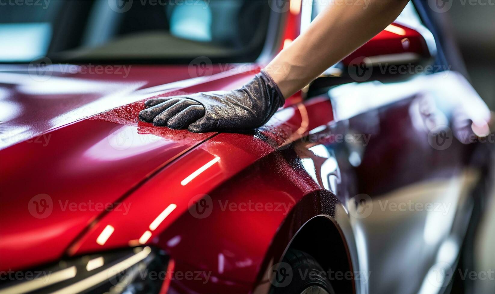 Mens minutieus schoonmaak een auto met een microfiber lap. ai gegenereerd foto