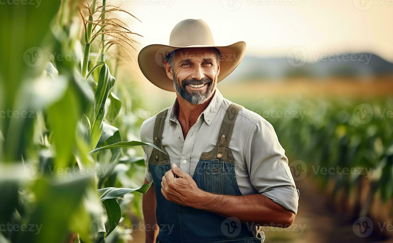 een modern boer staand in een maïs veld. ai gegenereerd foto