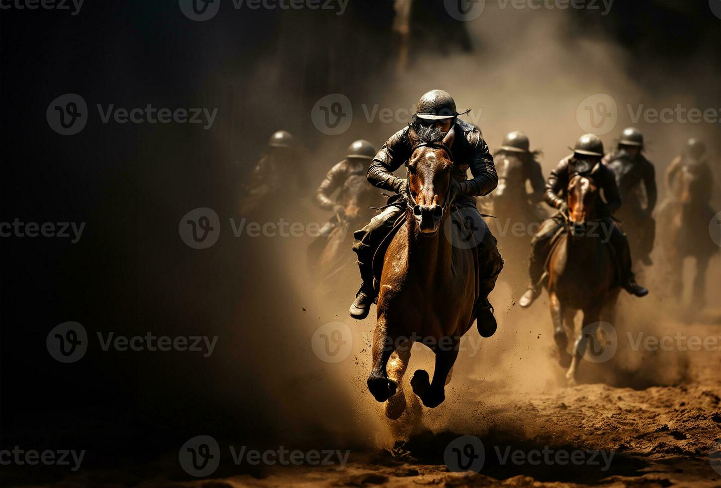 een intens moment gevangen genomen gedurende een paard ras net zo jockeys, met puur bepaling, Duwen hun paarden naar krijgen een voordeel in de cruciaal laatste kromme. ai gegenereerd foto