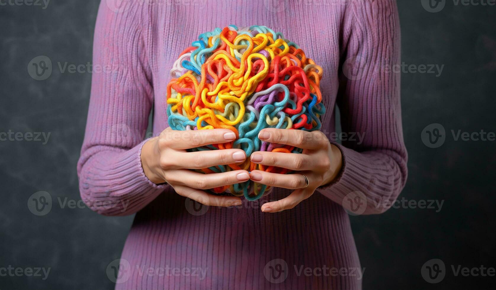 vrouw handen Holding veelkleurig garen vormig Leuk vinden een brein, vastleggen de essence van mentaal Gezondheid bescherming. ai gegenereerd foto