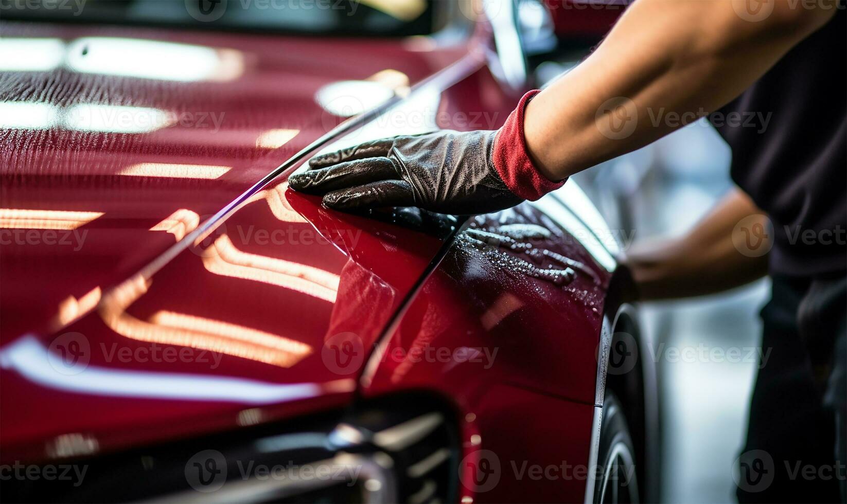 Mens minutieus schoonmaak een auto met een microfiber lap. ai gegenereerd foto