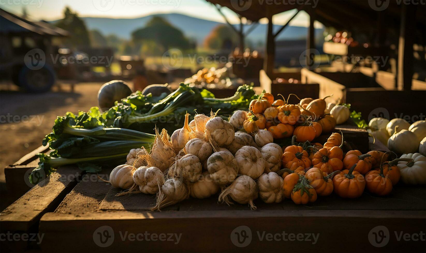 bruisend vallen boeren markt boordevol met een kleurrijk rangschikking van pompoenen en vers herfst- groenten. ai gegenereerd foto