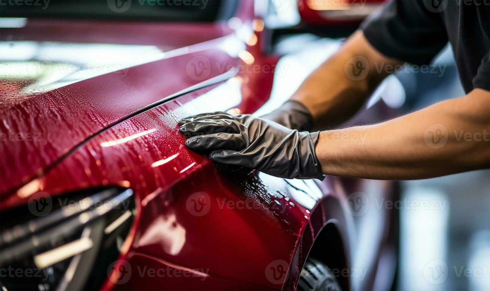 Mens minutieus schoonmaak een auto met een microfiber lap. ai gegenereerd foto