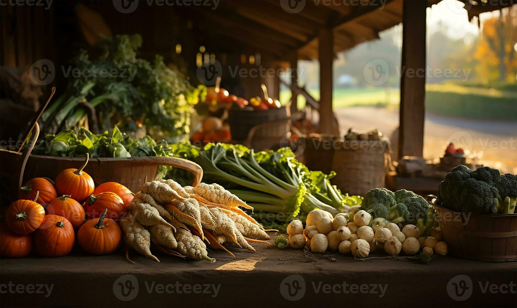 bruisend vallen boeren markt boordevol met een kleurrijk rangschikking van pompoenen en vers herfst- groenten. ai gegenereerd foto