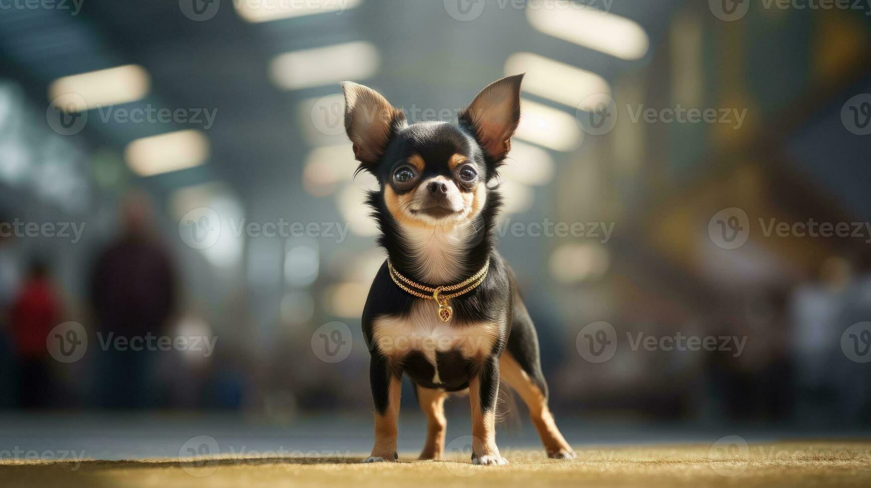 stamboom rasecht chihuahua hond Bij een tentoonstelling van rasecht honden. hond show. dier tentoonstelling. wedstrijd voor de meest rasecht hond. winnaar, eerste plaats, hoofd prijs. reclame, ai gegenereerd foto