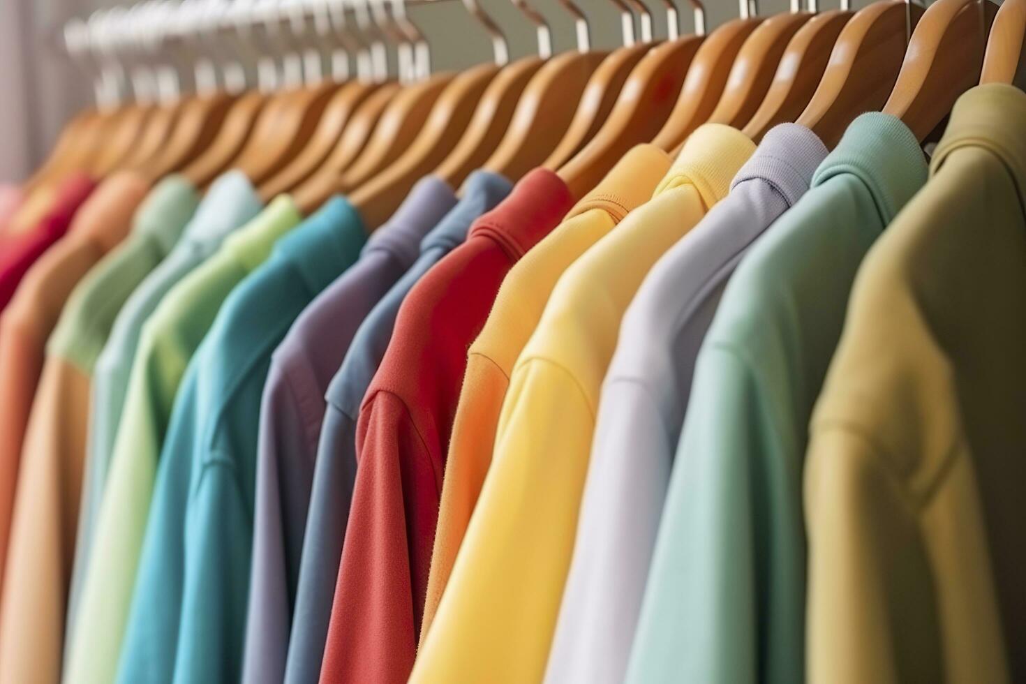 kleurrijk kleren Aan een kleding rek, pastel kleurrijk kast in een boodschappen doen op te slaan of slaapkamer, regenboog kleur kleren keuze Aan hangers, huis garderobe concept afbeelding. ai generatief foto