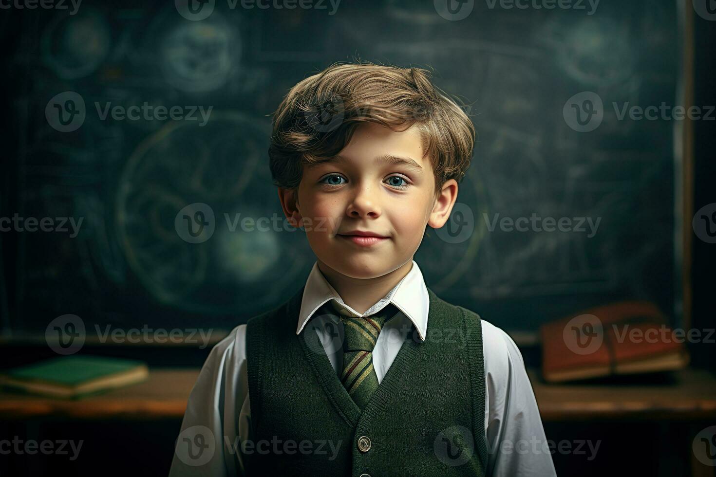 schattig jongen met schoolbord achtergrond. generatief ai. foto