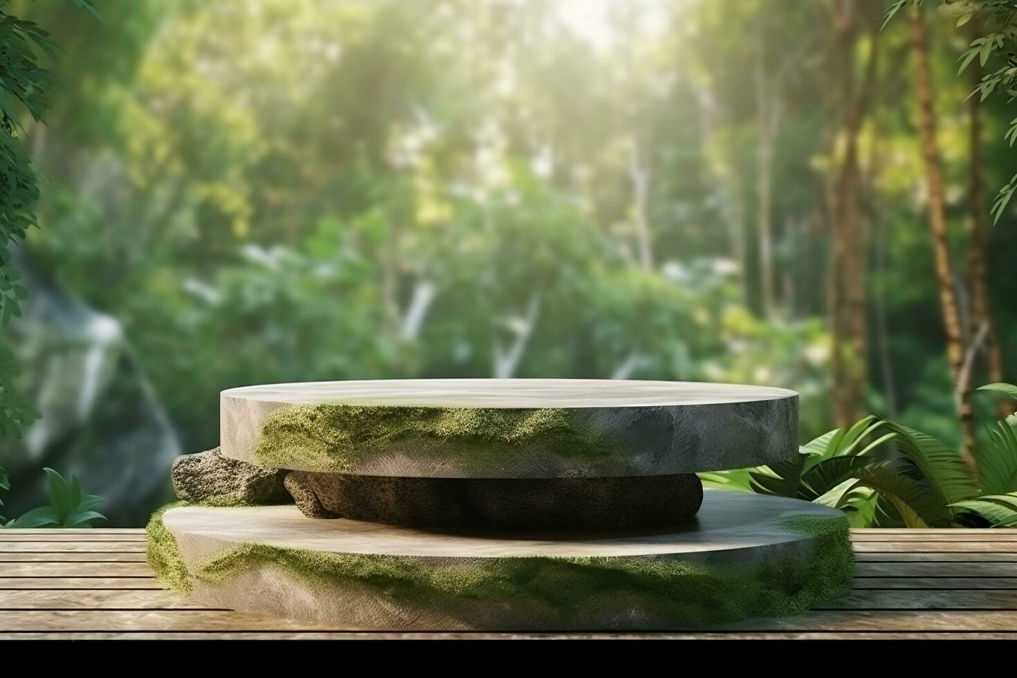 3d renderen steen Product Scherm podium voor Product met groen natuur tuin achtergrond ai gegenereerd foto