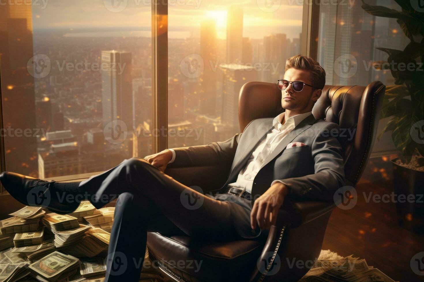 rijk Mens staand in zijn kantoor met tons van geld - generatief ai foto