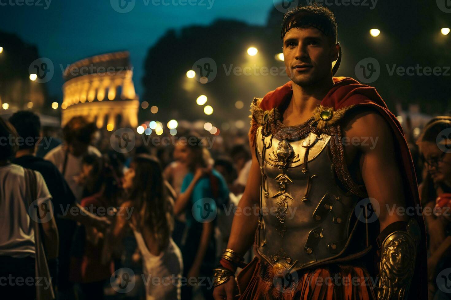 een straat performer gekleed net zo een Romeins gladiator een foto van een loper sprinten door een stad park ai generatief