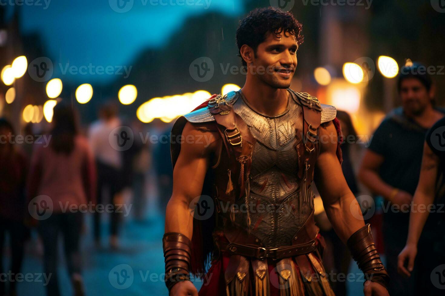 een straat performer gekleed net zo een Romeins gladiator een foto van een loper sprinten door een stad park ai generatief