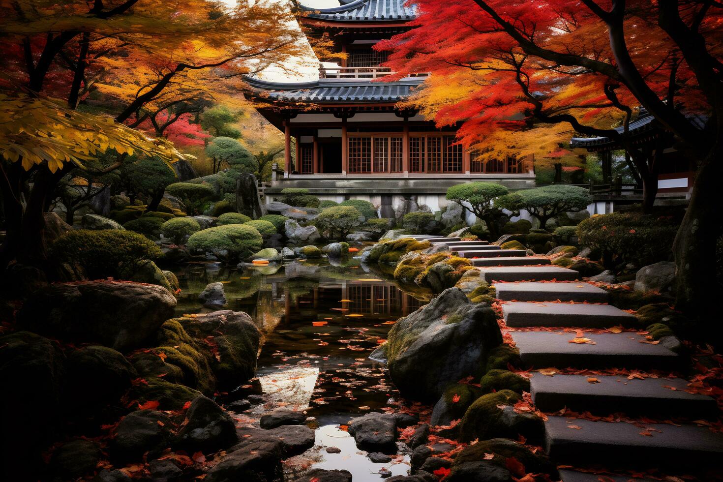 Kyoto tempel versierd met levendig herfst ai generatief foto